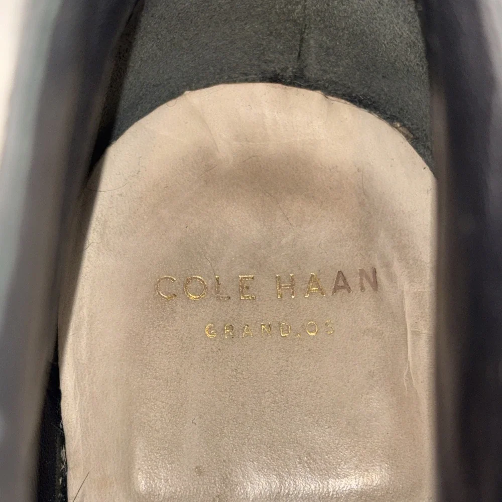 Cole Haan HAYDEN Grand.OS Black Leather Ankle Boots Block Heel Gold Accents W8.5